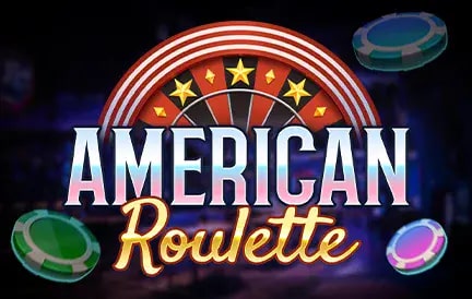 Um design com uma roda de roleta com estrelas e listras, cercada por fichas de pôquer coloridas. O texto "American Roulette" é exibido em letras brancas e em negrito com um tema vermelho e azul.