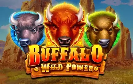 Uma imagem mostrando três cabeças de búfalo em diferentes cores (azul, vermelho e verde) contra uma paisagem desértica com formações rochosas. O texto "Buffalo Wild Power" está escrito em letras grandes e em estilo ocidental.