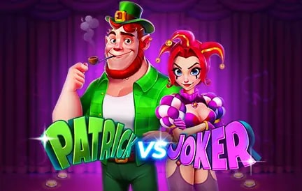 Uma ilustração de dois personagens animados: um homem vestido de verde, com um cachimbo, e uma mulher com um traje de bobo da corte. O fundo é roxo e o texto "Patrick vs Joker" está em letras grandes e coloridas.