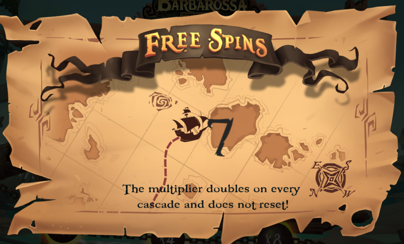 Tela de bónus da slot Barbarossa DoubleMax exibindo um mapa do tesouro com o título “Free Spins” no topo. O texto informa que o multiplicador dobra a cada cascata e não é reiniciado durante as rodadas grátis. Ao fundo, elementos de mapa náutico e um navio pirata navegando.