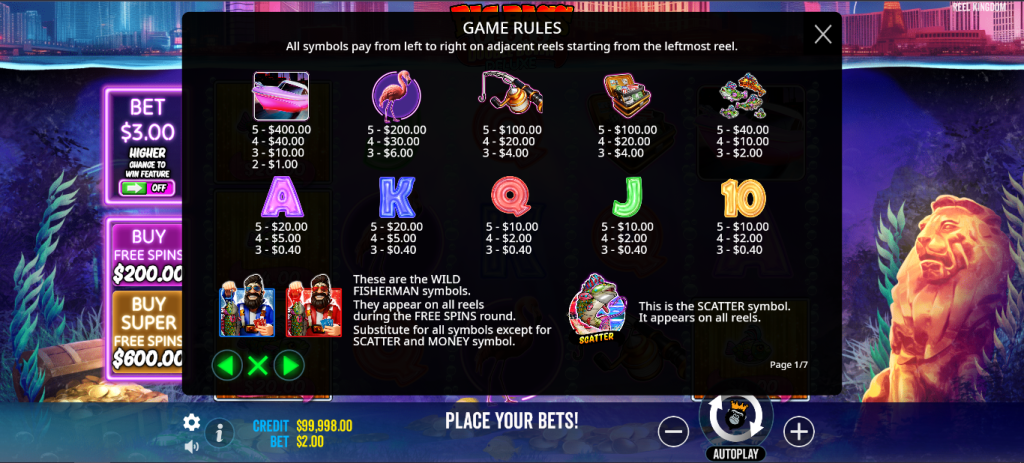 Tela de regras do jogo da slot Big Bass Vegas Double Down Deluxe, exibindo a tabela de pagamentos dos símbolos principais, incluindo barco, flamingo, anzol, dinheiro e letras, além de informações sobre os símbolos wild e scatter. Ao fundo, elementos aquáticos e luzes de casino.