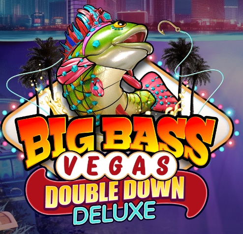 Logotipo colorido da slot Big Bass Vegas Double Down Deluxe, com um peixe estilizado saltando ao centro, luzes de néon e palmeiras ao fundo, evocando o ambiente vibrante de Las Vegas.