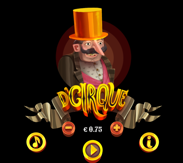 Tela inicial do slot D’Cirque, mostrando um personagem de bigode com cartola laranja, o logotipo do jogo em letras amarelas estilizadas e botões de controlo para som, informações, aposta e início, tudo sobre um fundo preto.