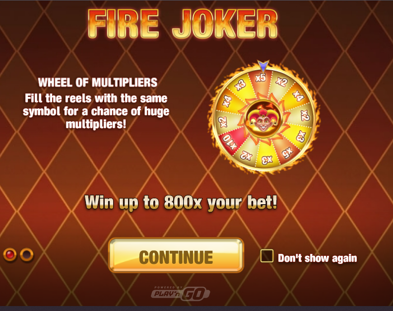 Ecrã de bónus da slot Fire Joker com a Roda de Multiplicadores, exibindo uma roda colorida com vários multiplicadores e o símbolo do joker no centro, acompanhada da mensagem Win up to 800x your bet!