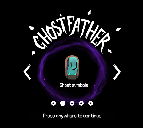 Tela de introdução da slot Ghost Father com o logotipo do jogo no topo e um símbolo de fantasma azul no centro, rodeado por um círculo roxo brilhante. Abaixo, o texto “Ghost symbols” e instrução Press anywhere to continue