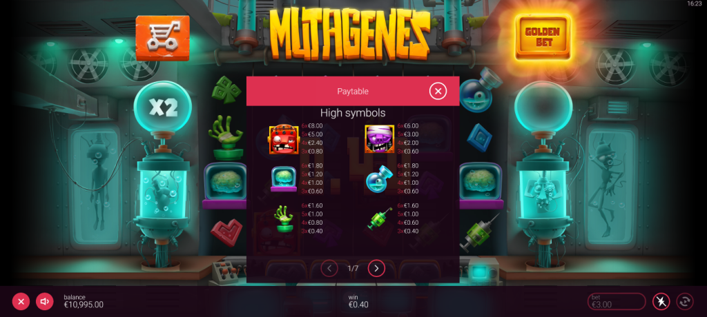 Tela de tabela de pagamentos da slot Mutagenes mostrando os símbolos de alto valor e respetivos prémios, com o logotipo Mutagenes no topo e um cenário de laboratório futurista ao fundo, repleto de tubos, criaturas mutantes e equipamentos científicos iluminados.