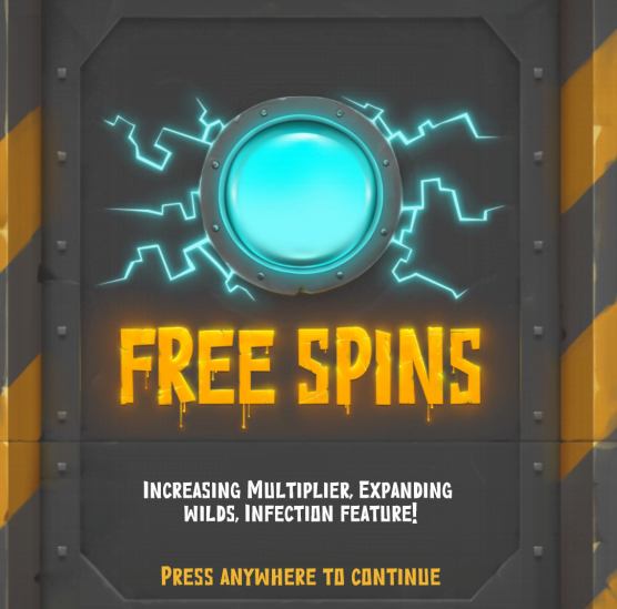 Tela de bónus da slot Mutagenes exibindo um grande botão azul com efeitos elétricos, o texto “FREE SPINS” em destaque e informações sobre multiplicadores crescentes, wilds expansivos e a funcionalidade Infection. Instrução na parte inferior indica “Press anywhere to continue