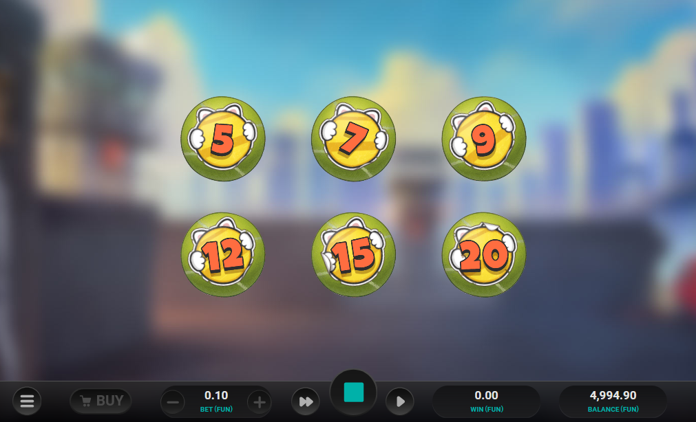 Tela de seleção de rodadas grátis do slot Purrrminator, mostrando seis moedas verdes com números (5, 7, 9, 12, 15, 20) sobre um fundo desfocado de cidade.