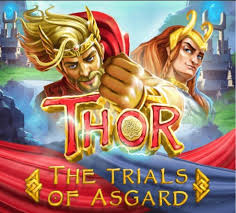 Capa promocional da slot Thor: The Trials of Asgard mostrando Thor com punho cerrado à frente e outro personagem nórdico ao fundo, com o logotipo do jogo em destaque sobre uma capa vermelha e cenário de castelos.